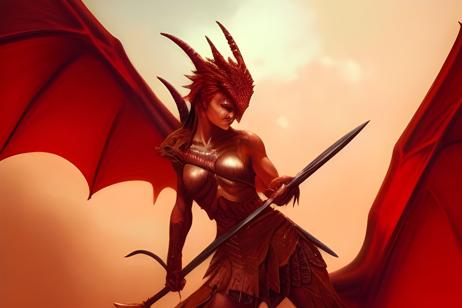 Warrior Woman Battles Red Dragon: Hyperdetailed Matte Painti...