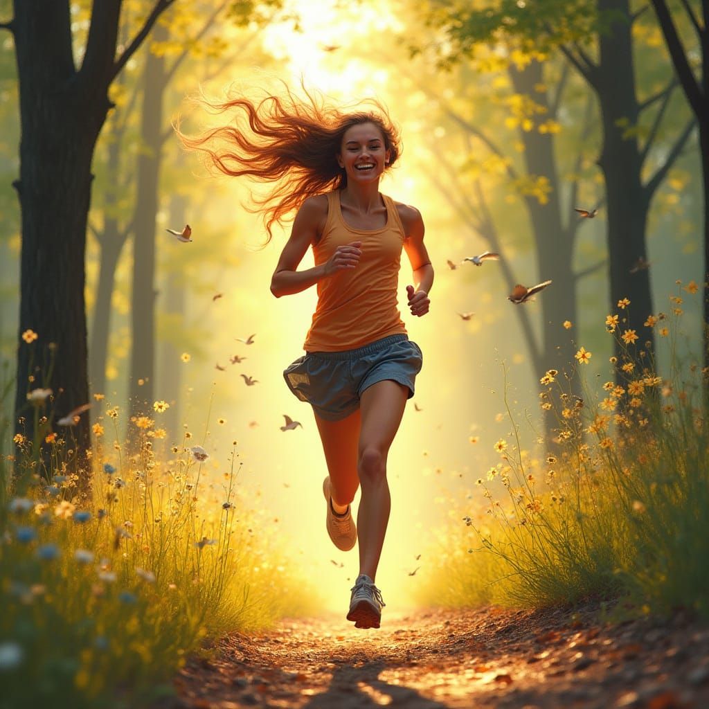 Joyful Runner on Sunlit Forest Trail