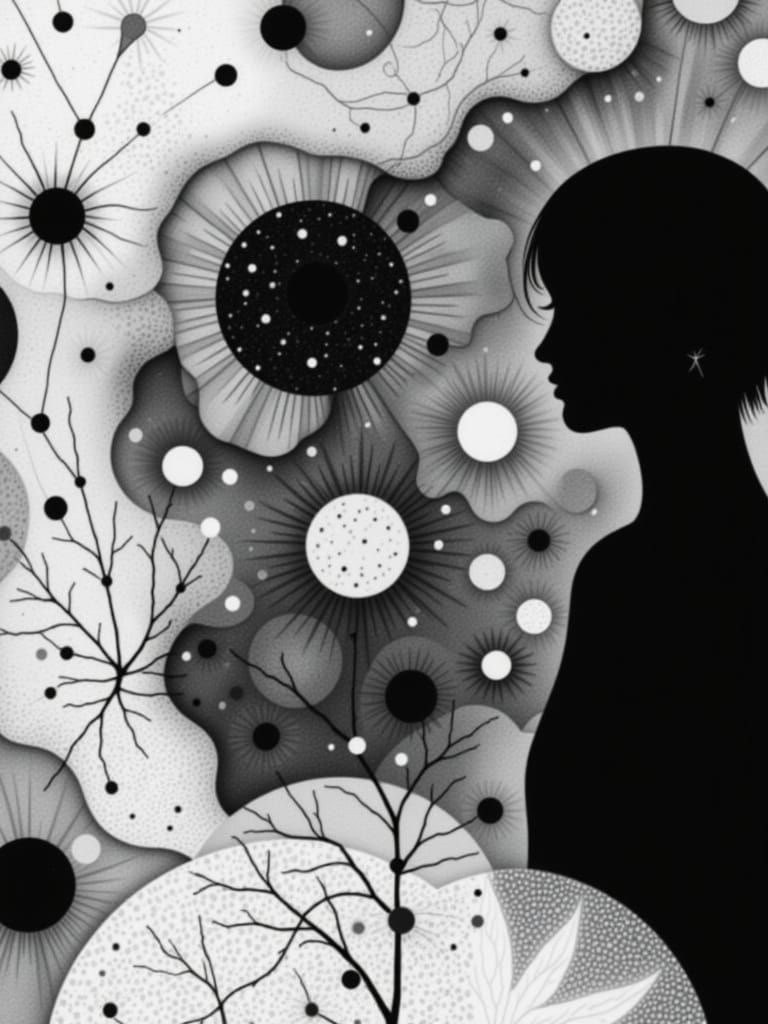 Surreal Dreamscape with Etching Textures in Monochrome