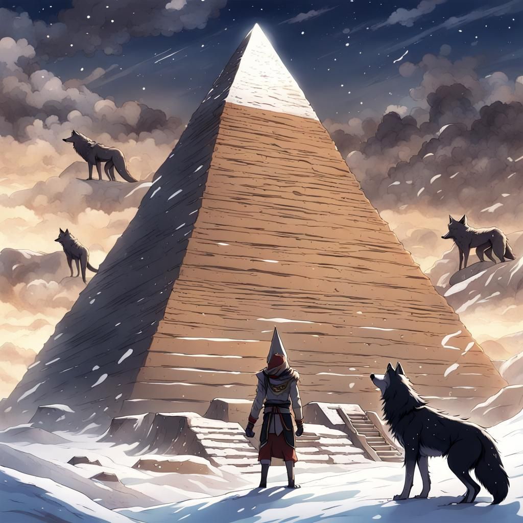 Snowy Egyptian Pyramid with Wolves in Anime Style