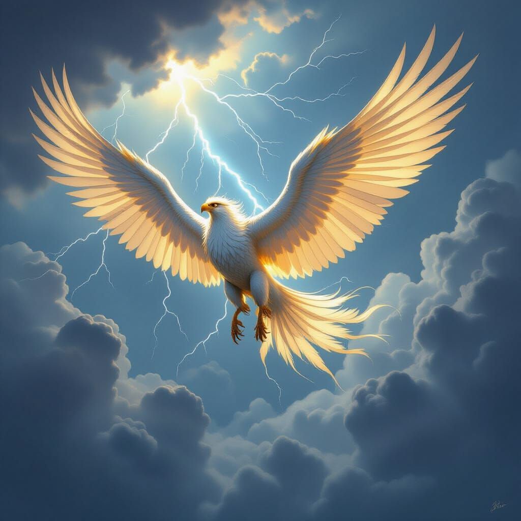 Majestic Griffin Soars Through Stormy Skies