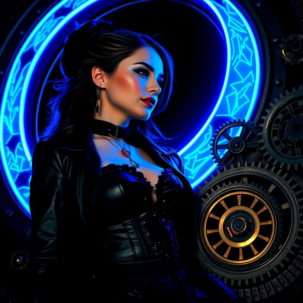 Gothic Woman Leaning on Neon Moon in Steampunk Style