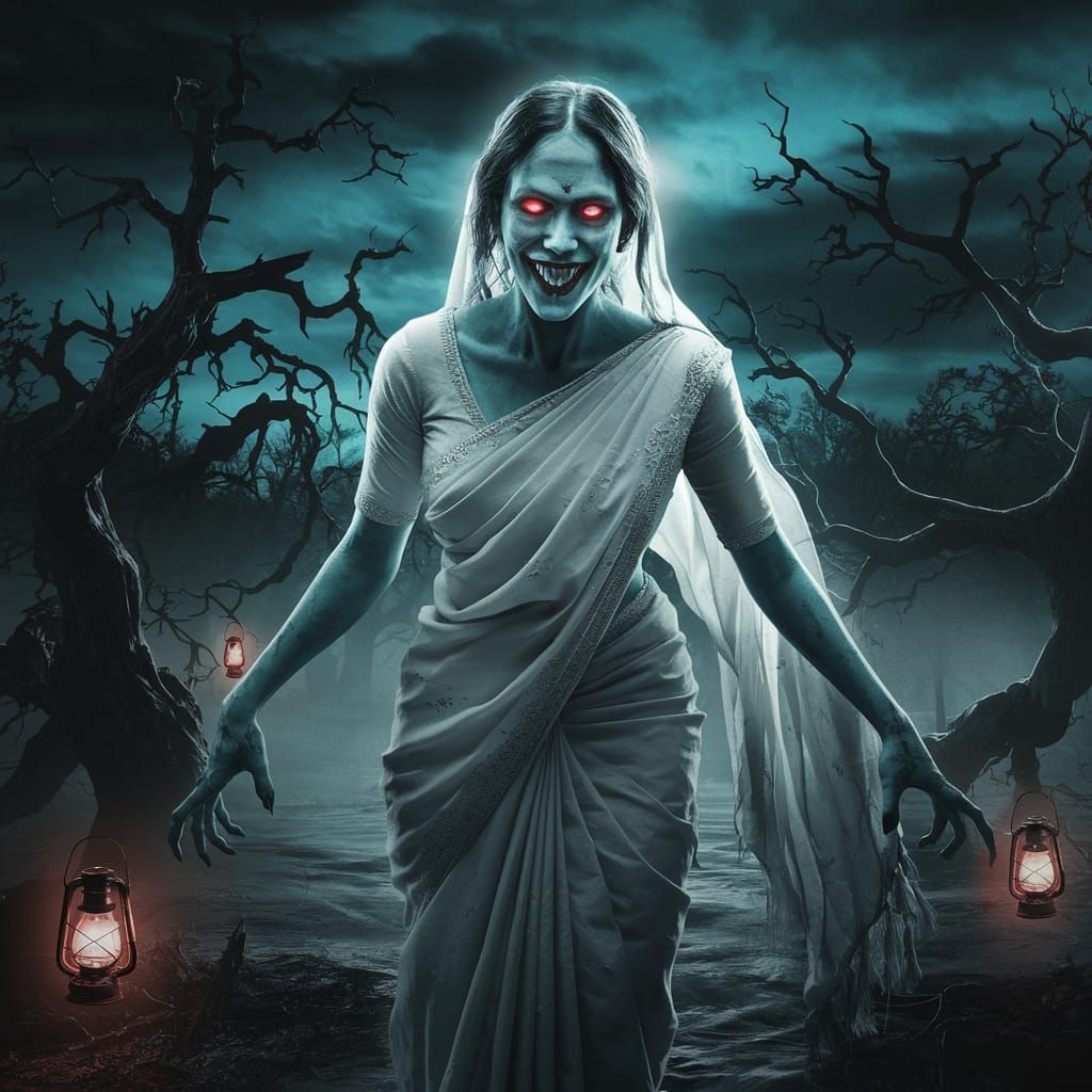 Ethereal Horror in Traditional Saree, Blending Supernatural ...