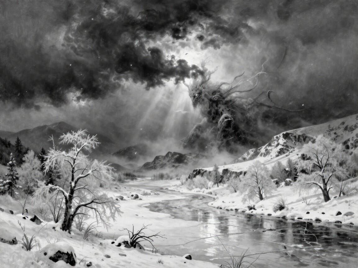 Spectral Winter Creature Emerges in Stormy Landscape