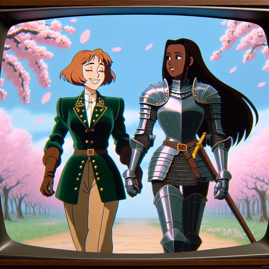 Knightly Women Stroll Under Cherry Blossoms in Vintage Anima...