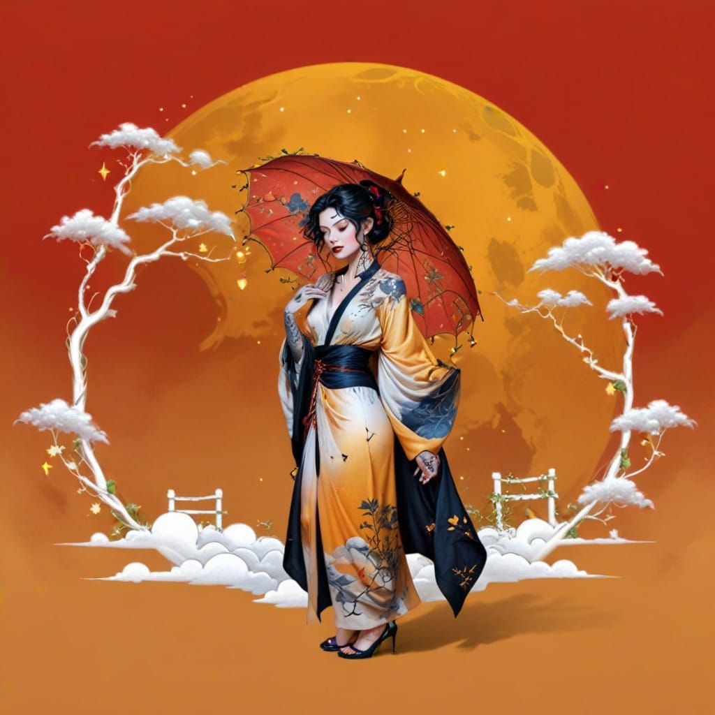 Ethereal Goddess Adorned with Botanic Tattoos in Stormy Nigh...