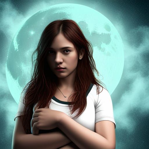 Girl with Neon Lights Under the Moon
