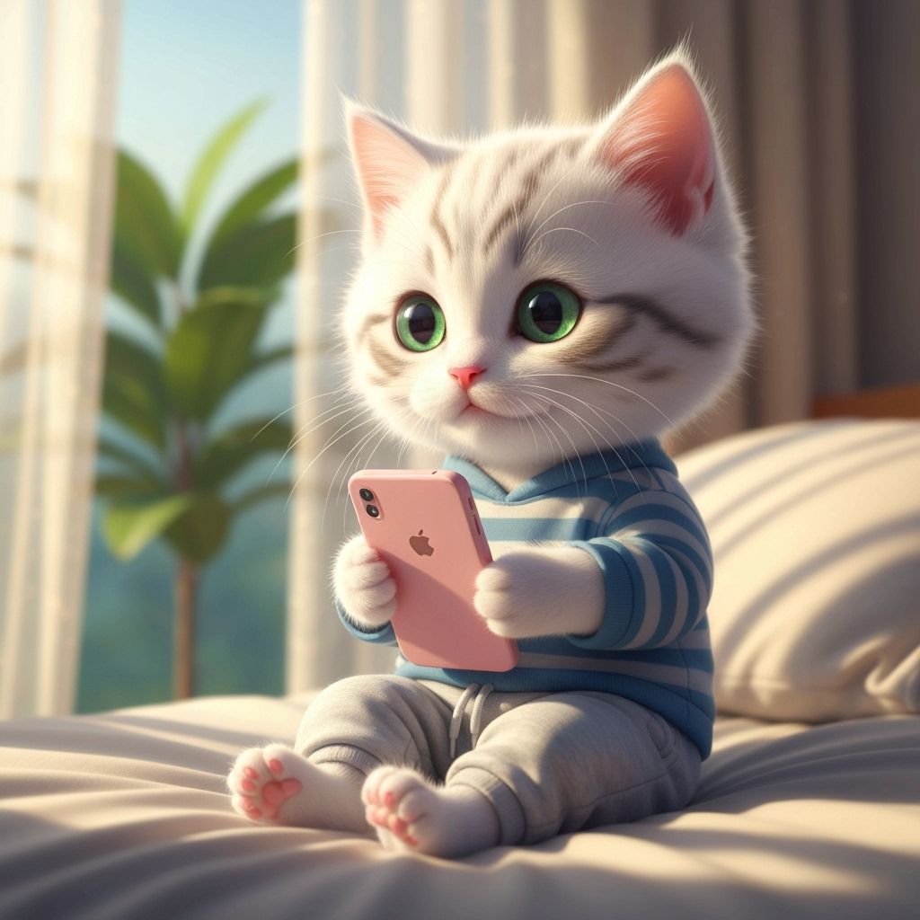 Fluffy Kitten Plays on Phone in Sunny Room