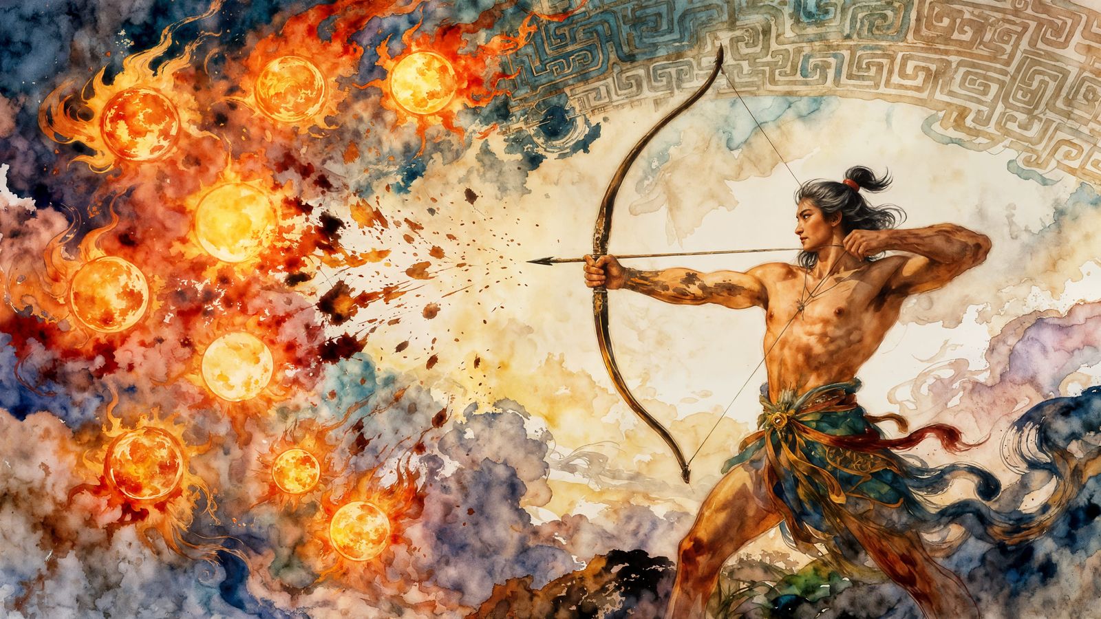 HouYi Shoots Down Suns in Fantasy Watercolor Art