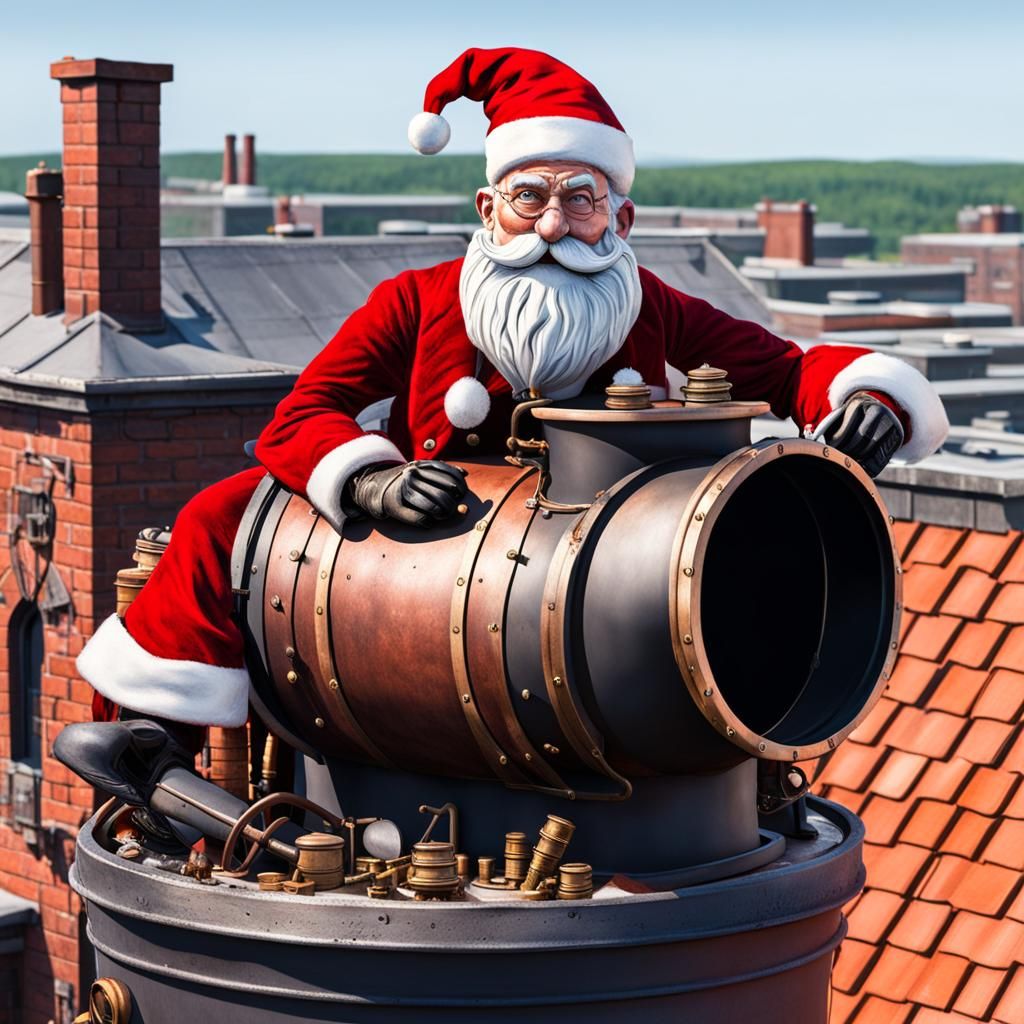 santa clause stuck in a chimney pot. on the rooftop steampunk engine