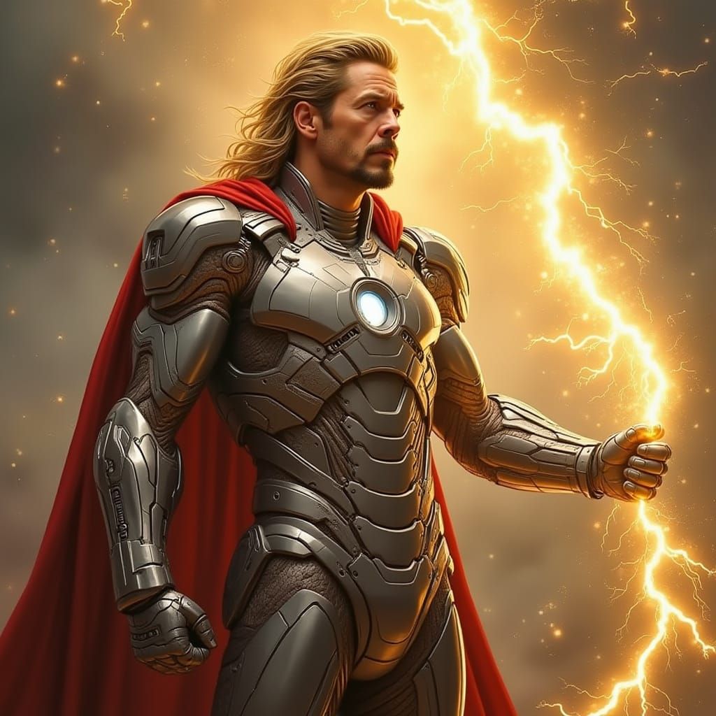 Iron Man in All-Silver Armor with Golden Lightning, Inspired...