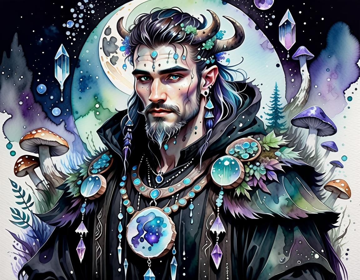Druid Man with Crescent Moon in Watercolour