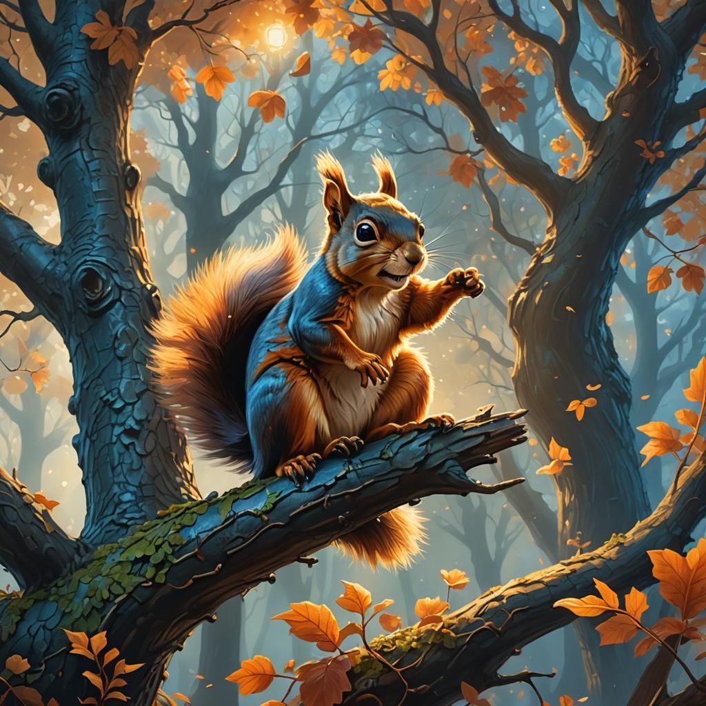 Squirrel and Acorn: Fantasy Oil Painting in Golden Light