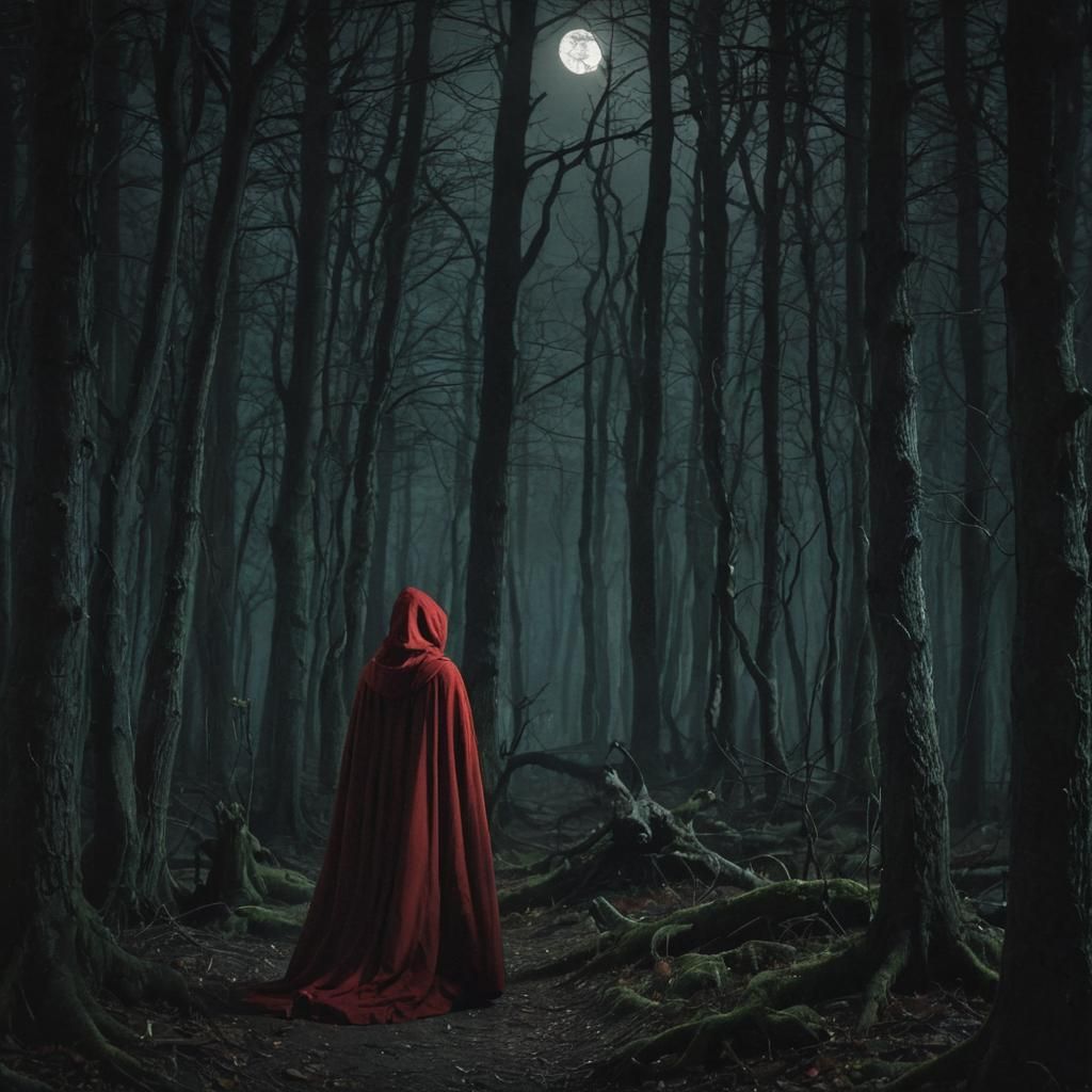Werewolf Stalks Red Riding Hood in Dark Forest