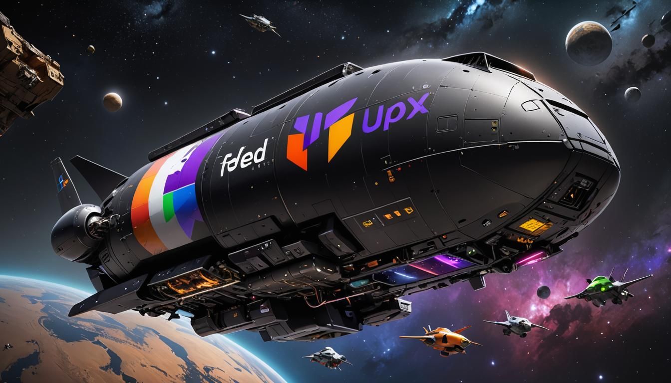 futuristic UPS/FEDEX cargo spacecraft, with a bold, contrast...