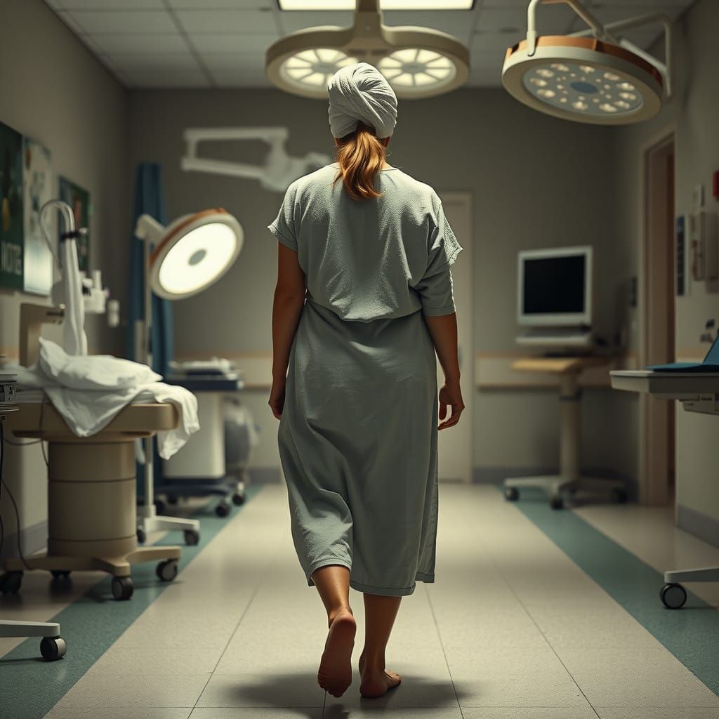 Photorealistic Hospital Scene with Woman in Gown