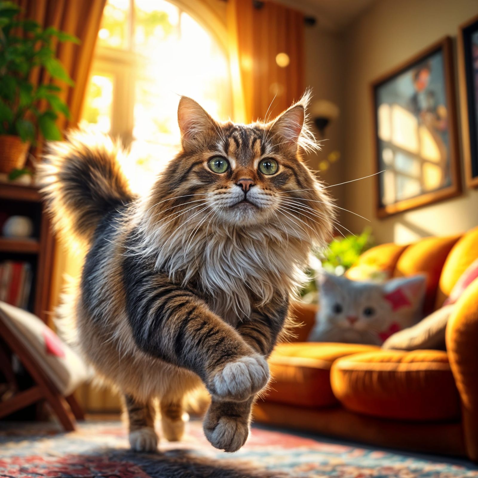 Maine Coon Cat Sunbeam: Photo Realistic Living Room
