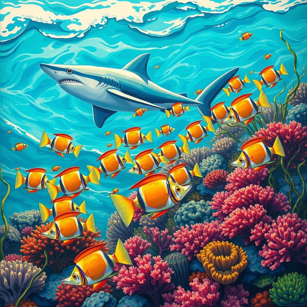 Vibrant Fish and Shark in a Dreamy Ocean Scene