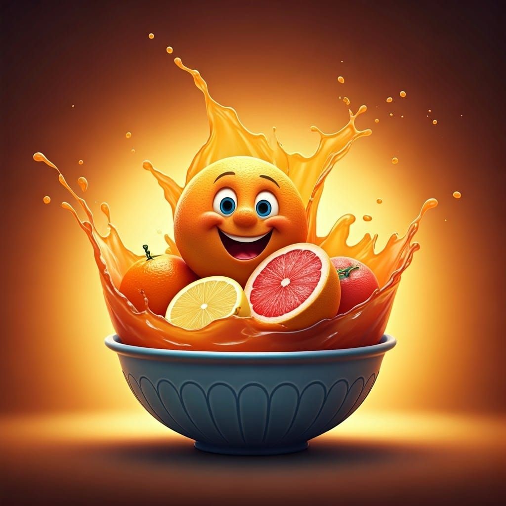 Lemon, orange, red grapefruit in a bowl happy and smiling, splashing juice
caricature D3