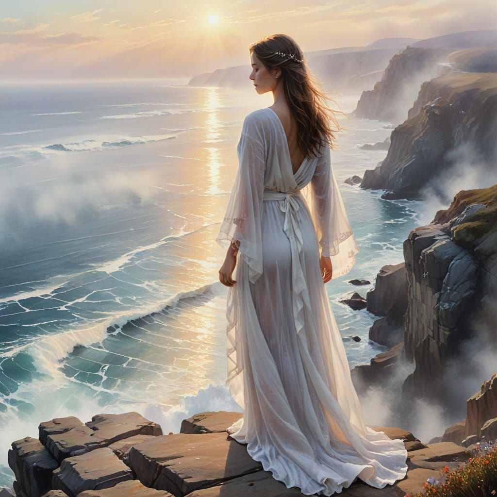 Woman on Cliff Overlooking Foggy Ocean in Ethereal Watercolo...