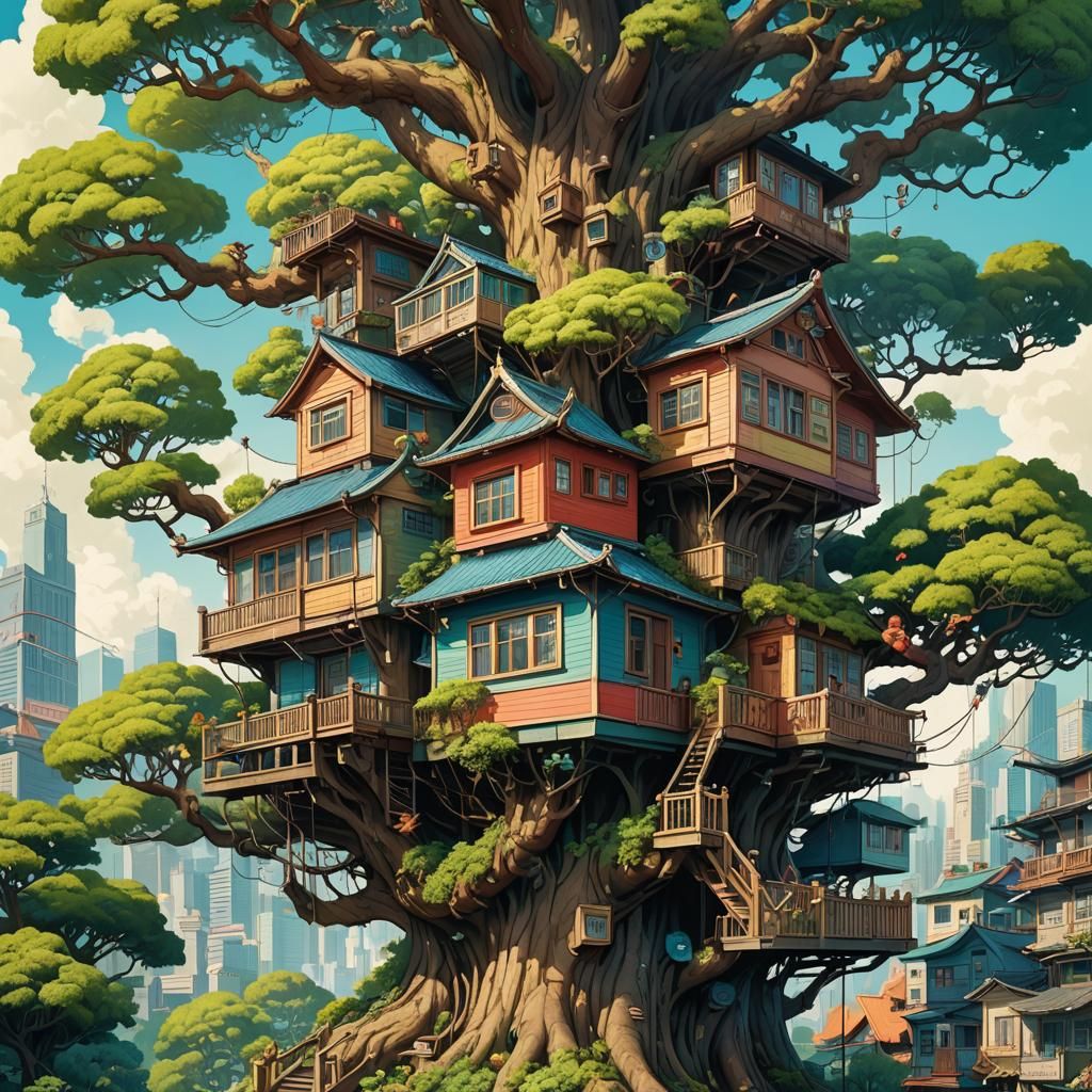 Whimsical Treehouse Illustration in Anime Style