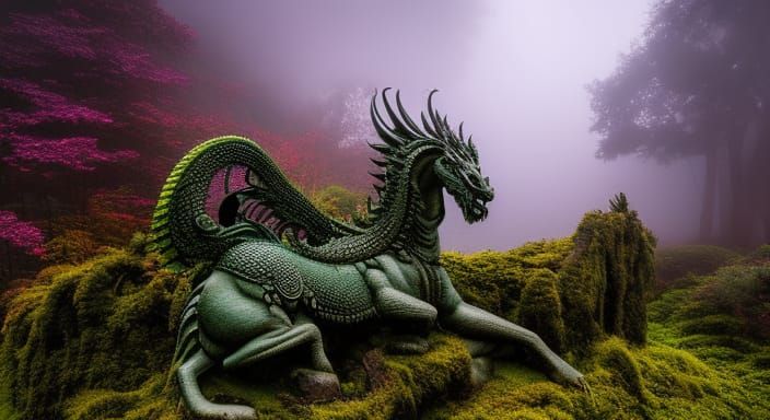 Mystical Stone Dragon Statue in Misty Forest