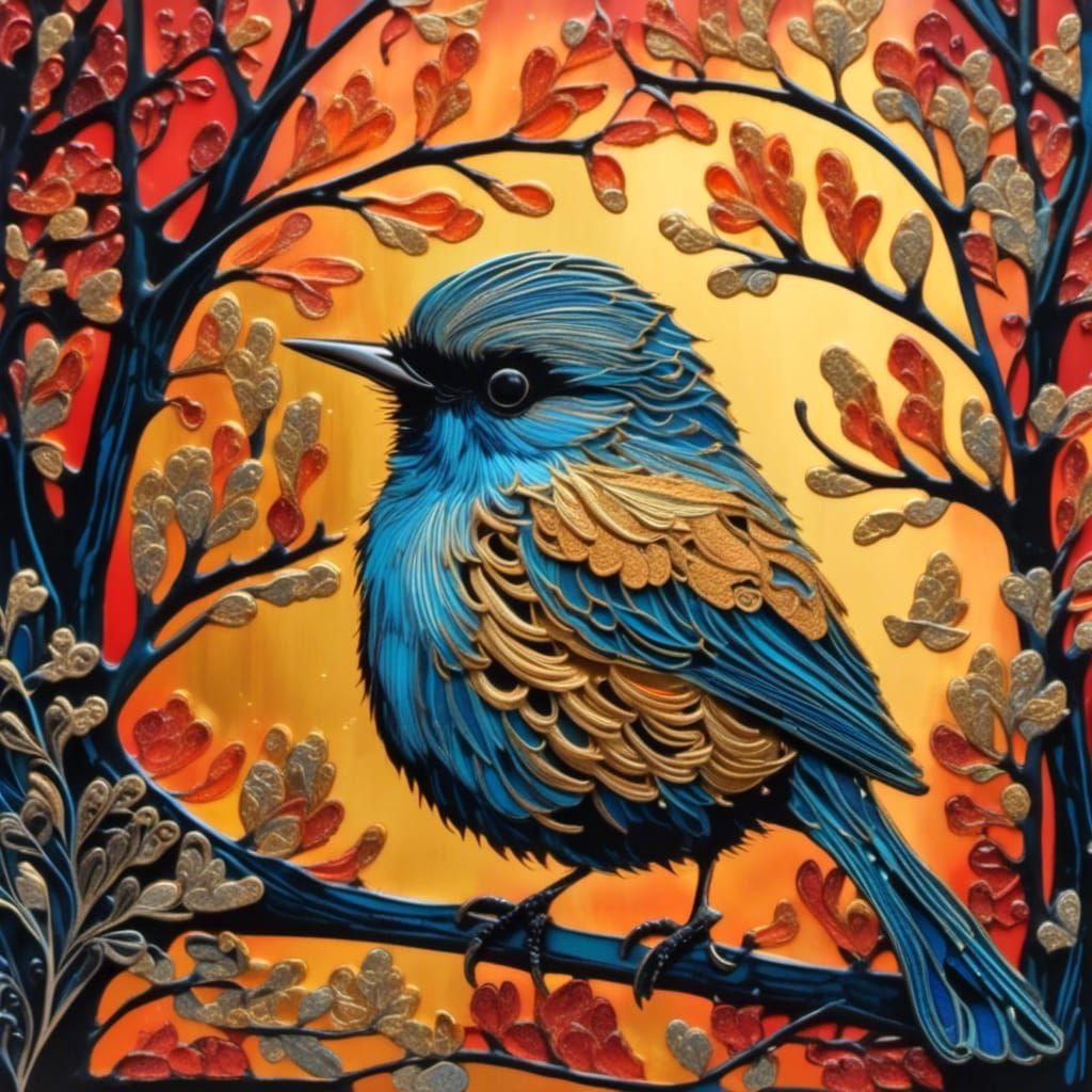 Intricate Wood Engraving of a Cute Bird