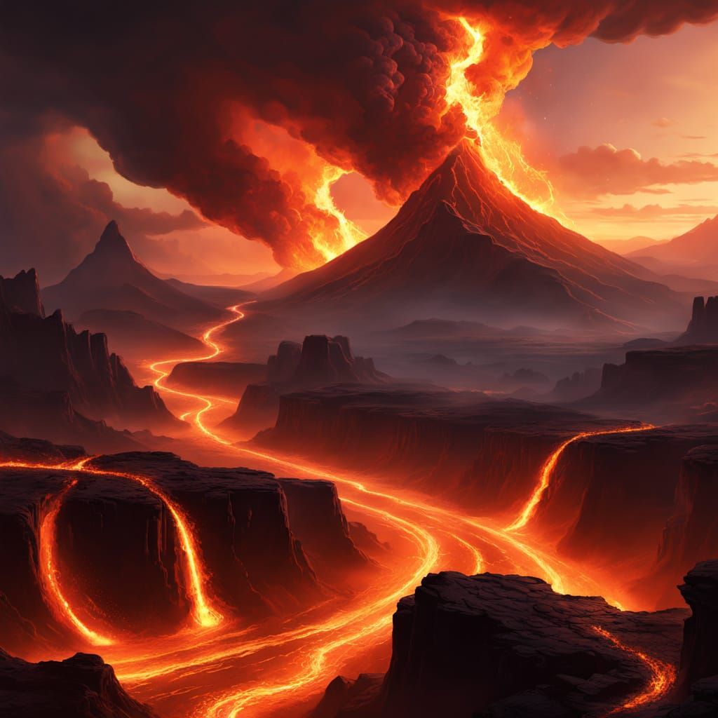 Surreal Fiery Landscape with Lava Mountains