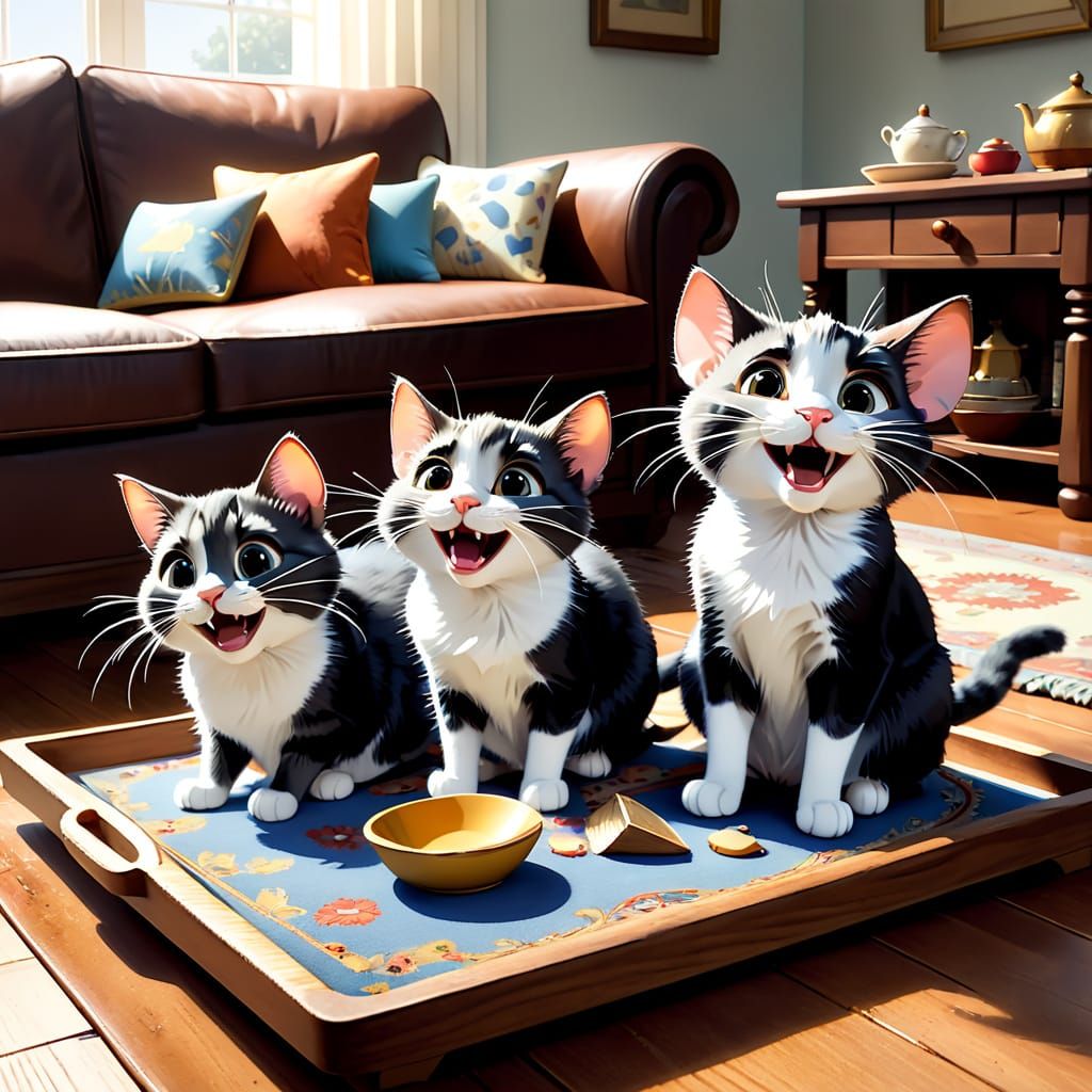 three cute cats are laughing loudly
