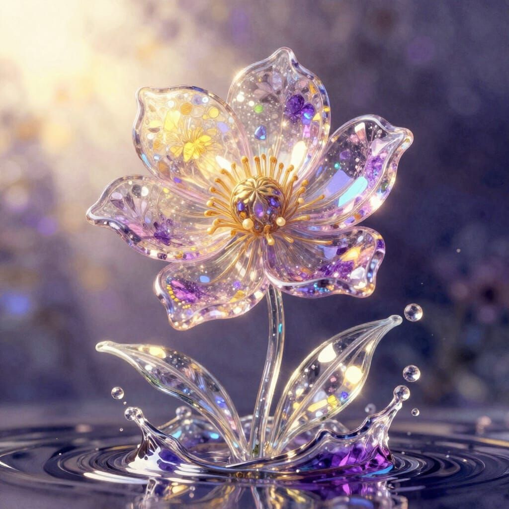 Glass Flower Shimmers in Sunlit Crystal Cave