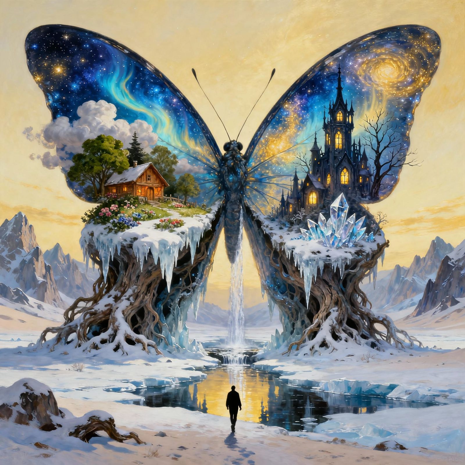 Surreal Butterfly Portal in Frozen Valley Oil Painting