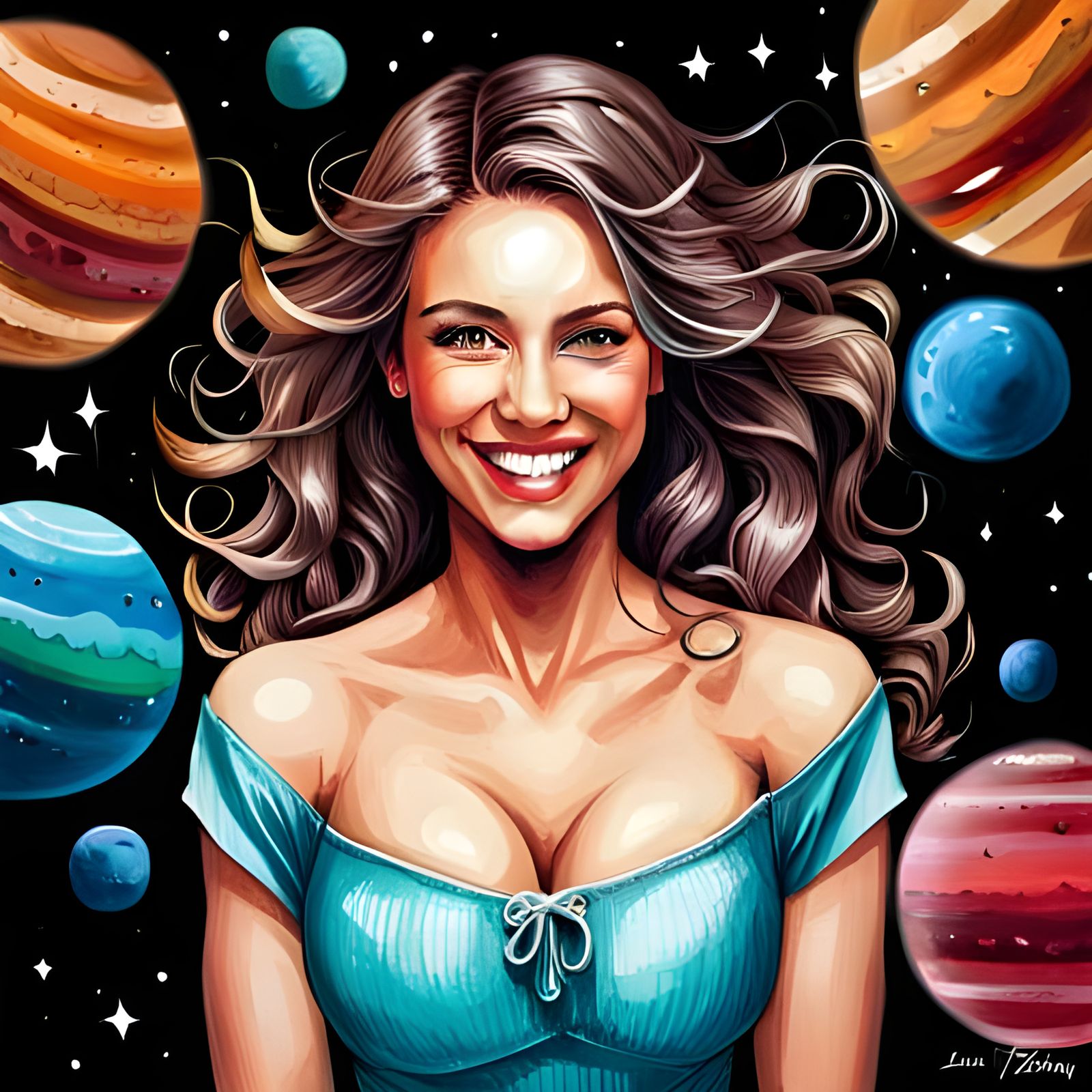 Smiling Woman in Starry Swimsuit, Digital Art Portrait