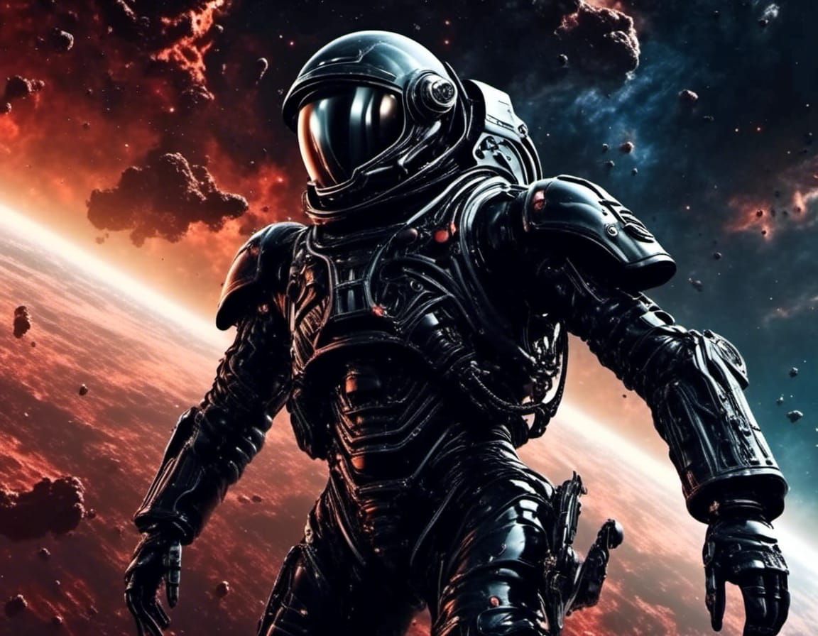 Angry Space Soldier in Black Biomechanical Suit