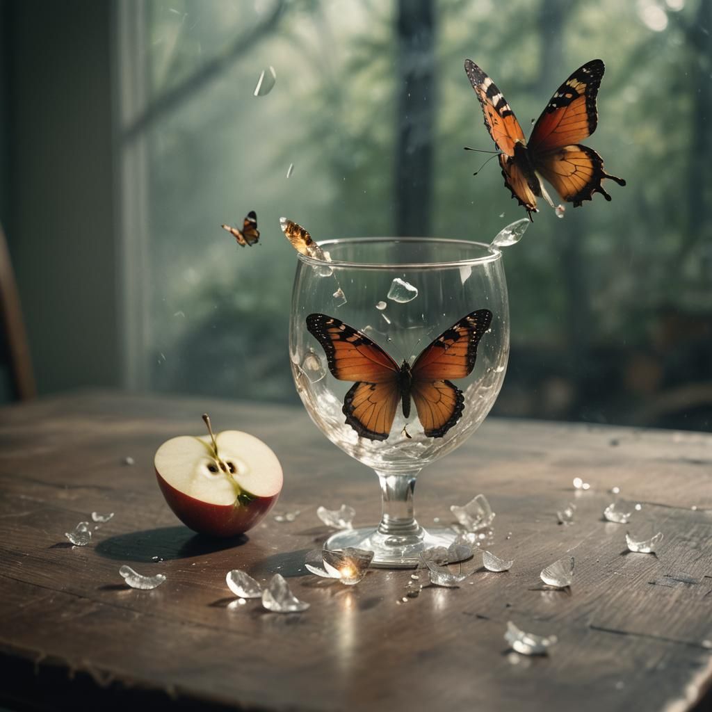 Butterfly Emerges from Broken Glass: Cinematic Still