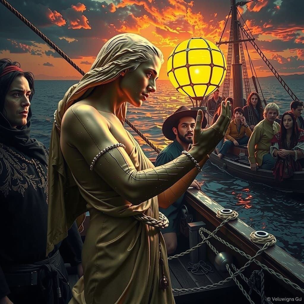 Medieval Ship at Sunset with Eccentric Travelers