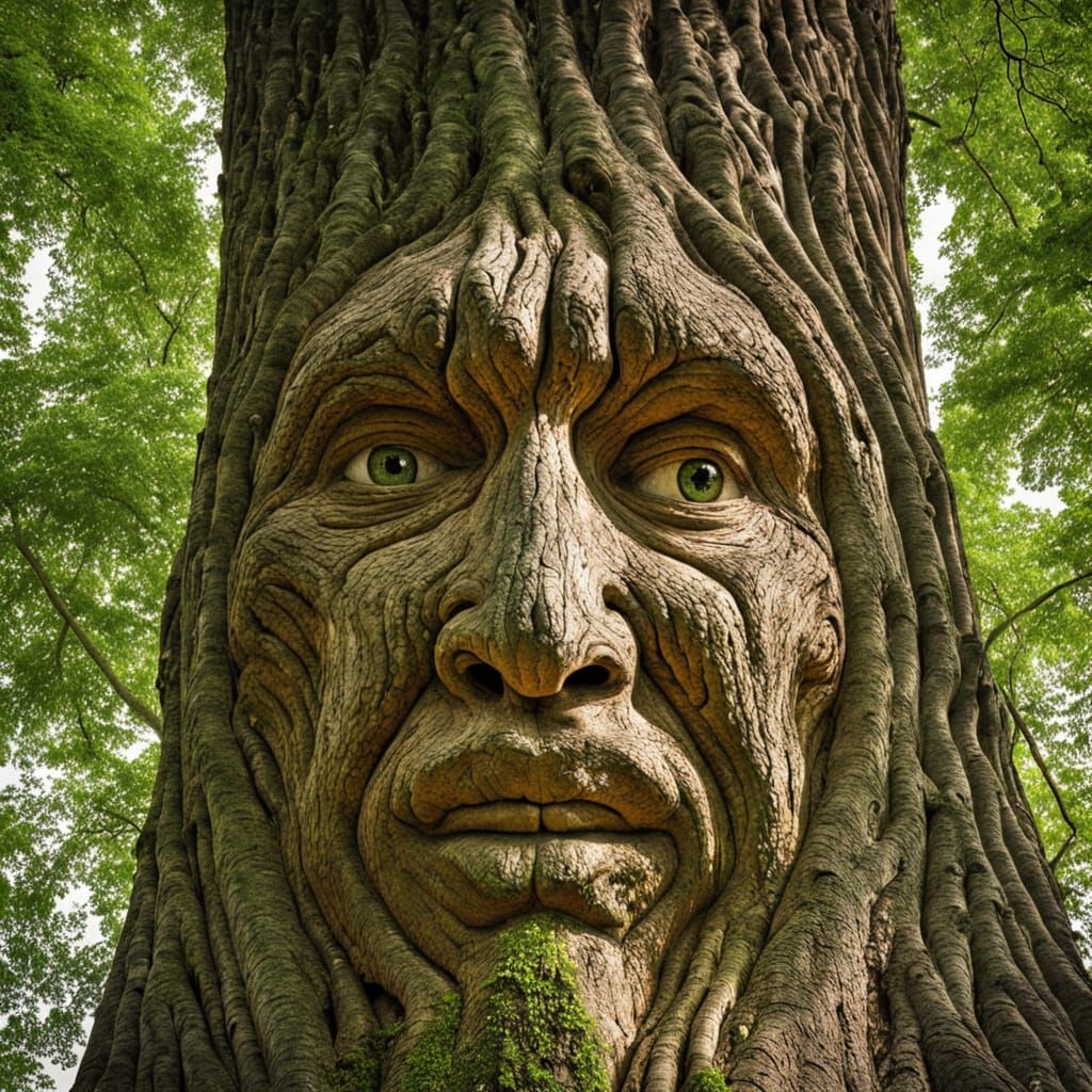 Surreal Tree Face Emerges from Leafy Canopy