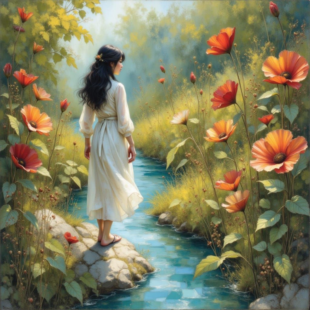 Woman by Streams and Flowers in Whimsical Style
