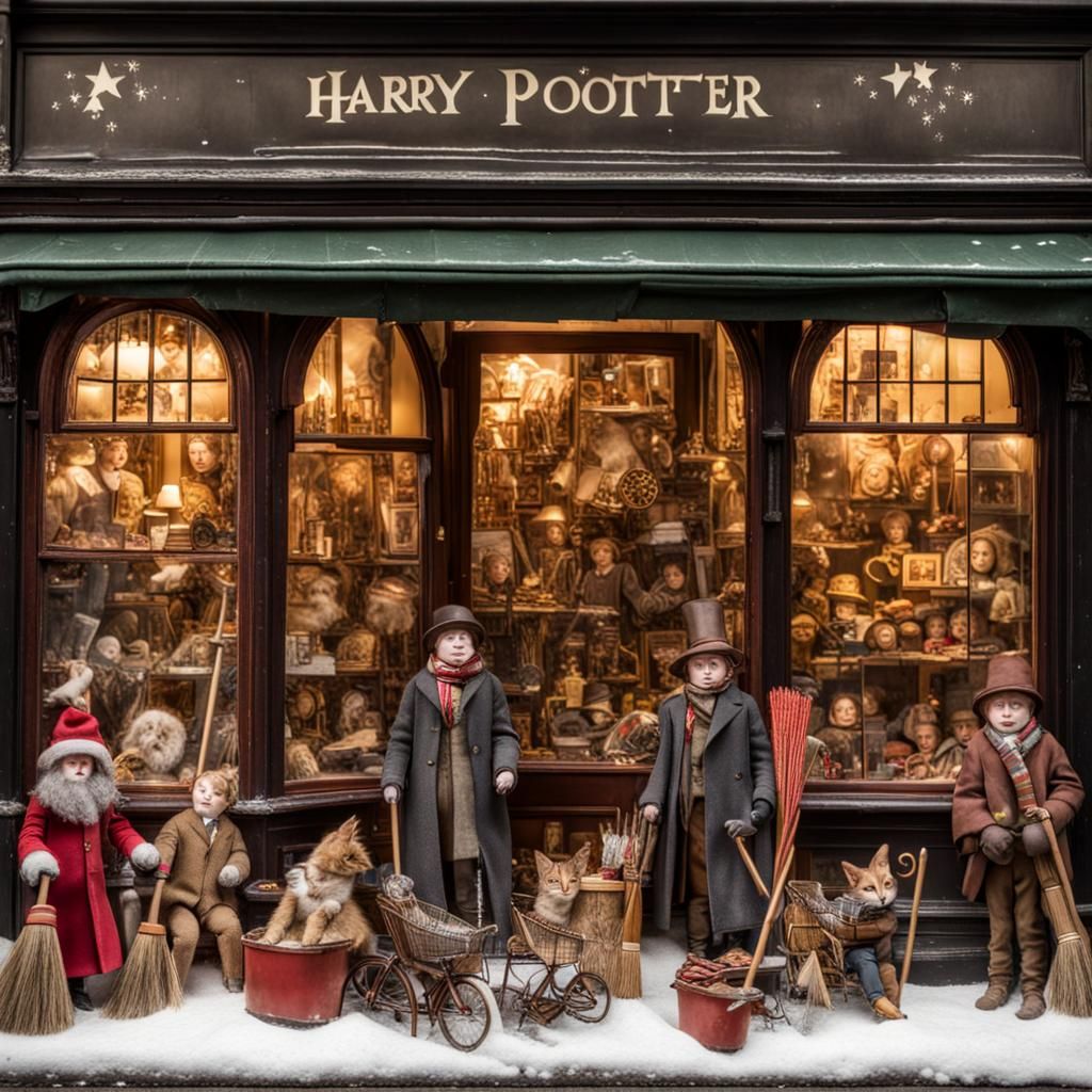 Victorian Christmas Toy Shop Window with Racing Brooms