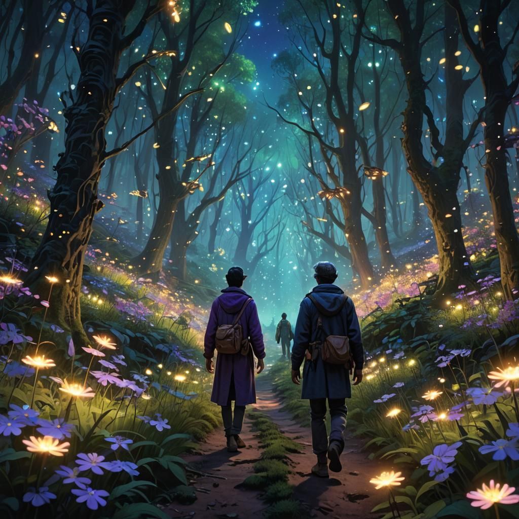 Enchanted Forest at Night with Glowing Flora