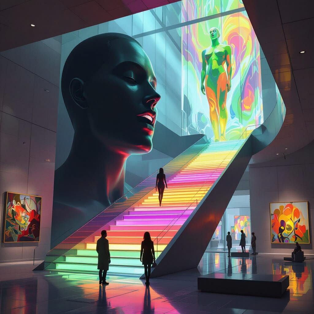 Neon Staircase to Modern Museum in Retro-Futuristic Style