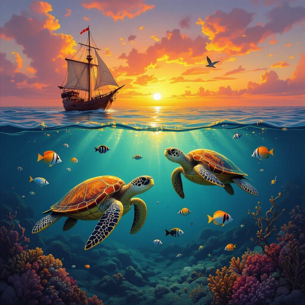 Marine Turtles and Mermaids with Gold Chests at Sunset