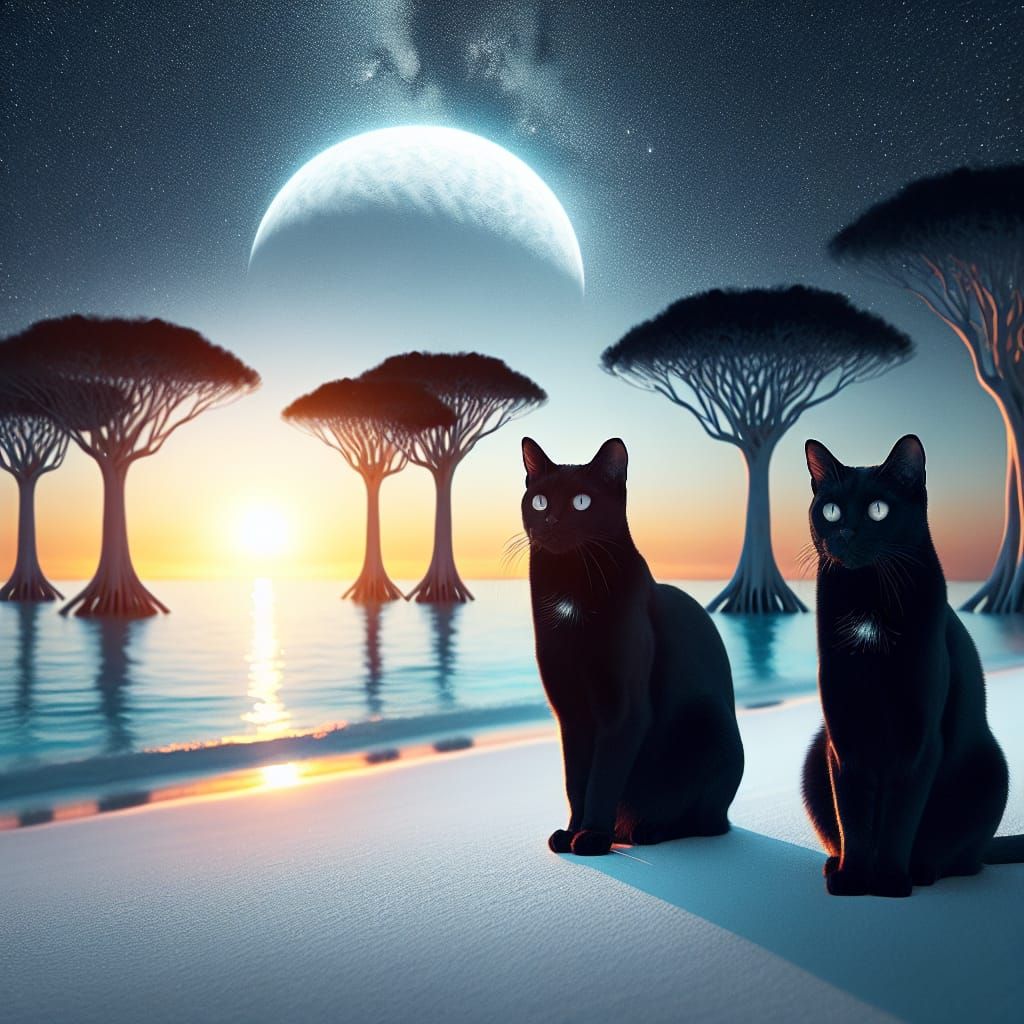Ebony Felines on White Sand Beach at Sunset