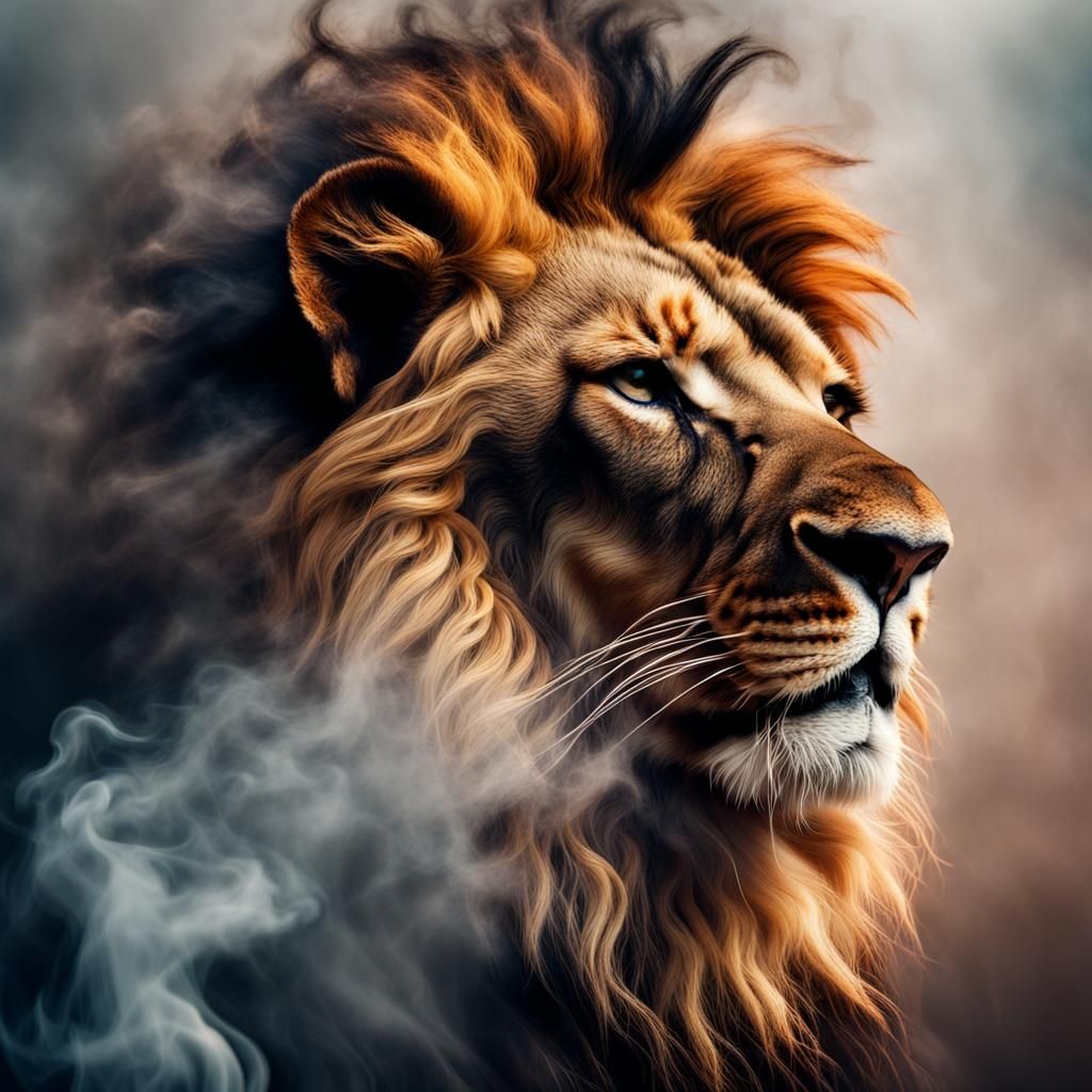 Hyperrealistic Lion in Vibrant Smoke