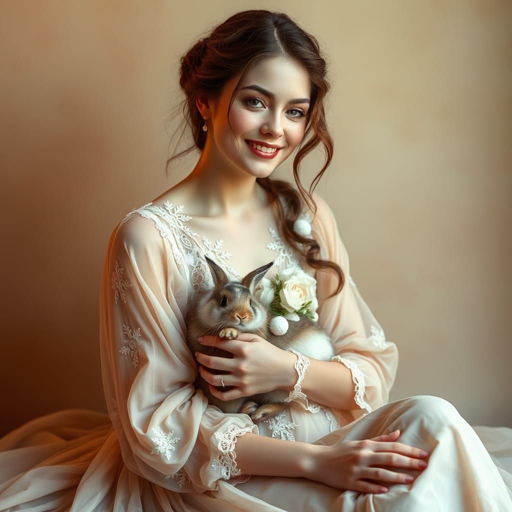 Elegant Woman Sits with Rabbit in Soft, Whimsical Light
