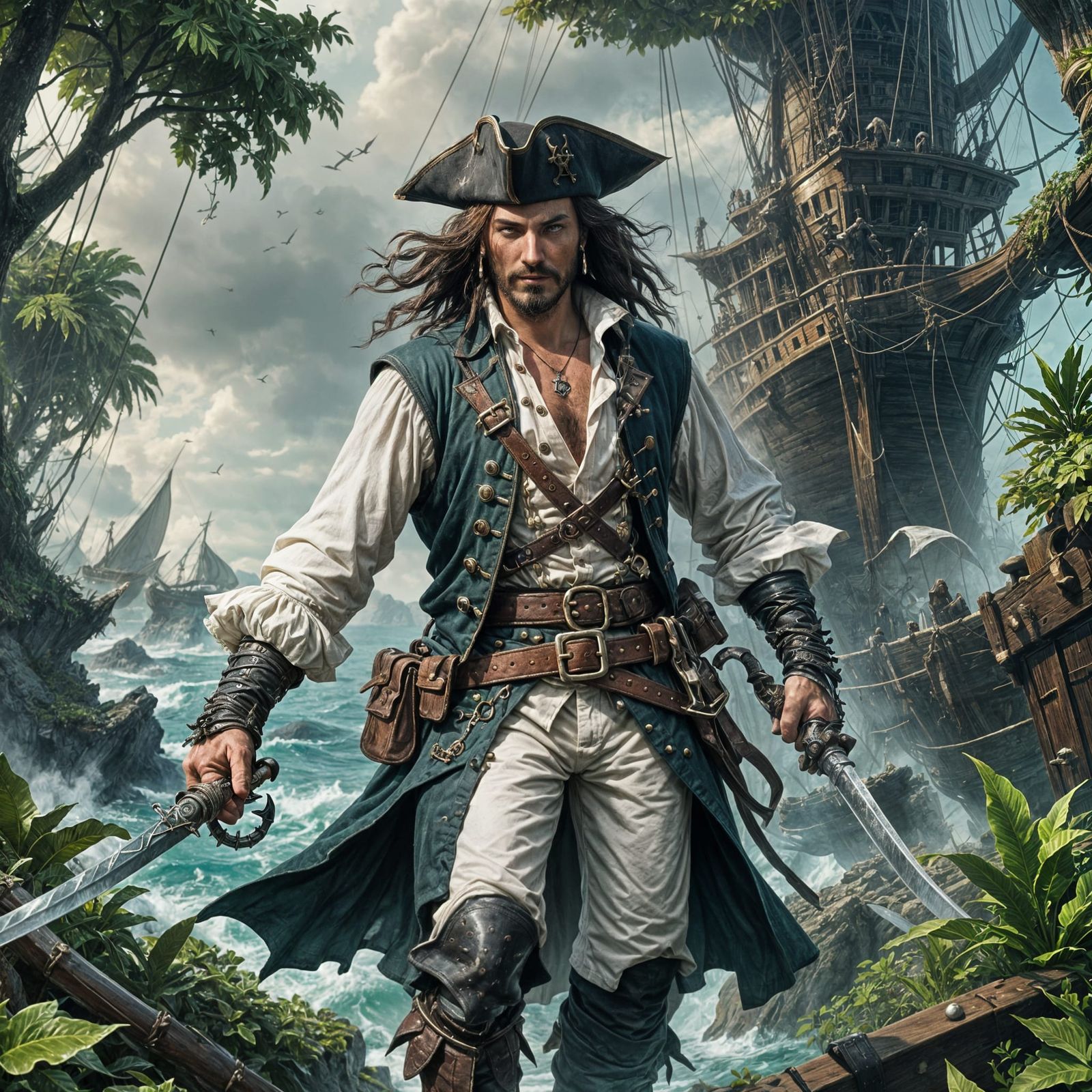 Gothic Pirate Captain on Ship: Dark Fantasy Art
