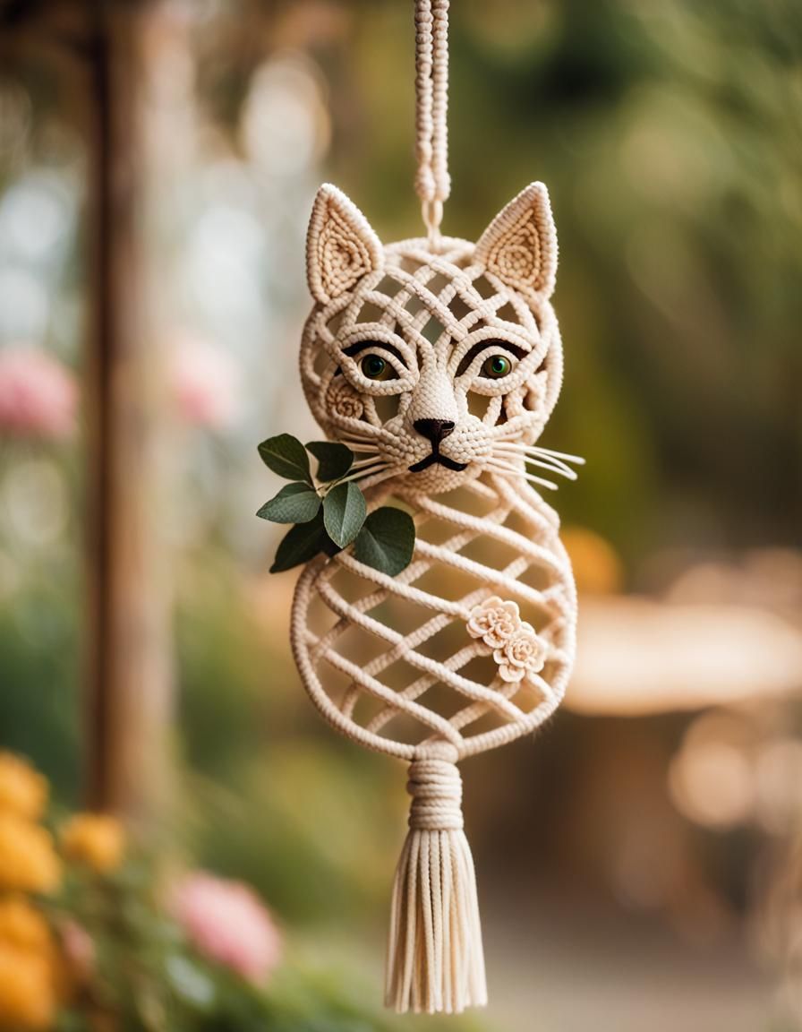Intricate Macrame Cat Ornament in Natural Light