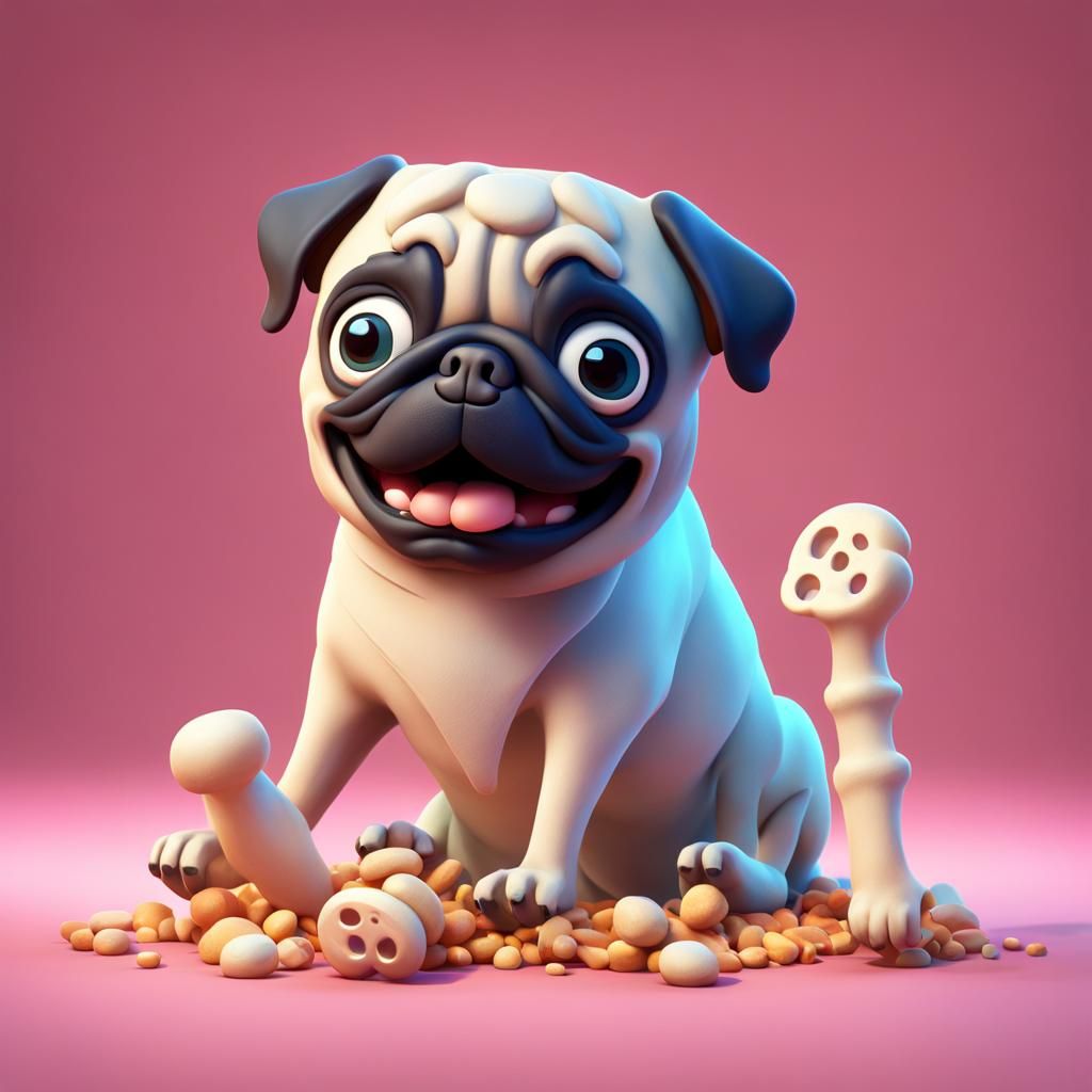Cartoon Pug with Bone in 3D Digital Art