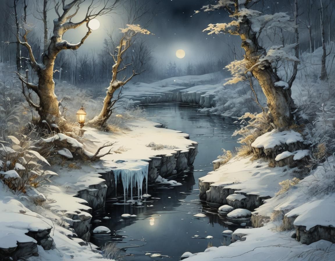 Iced River in Snowy Forest, Jean-Baptiste Monge Style