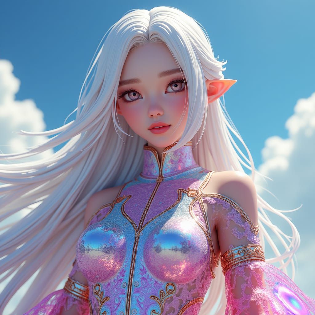 Anime Woman with White Hair in Vibrant Outfit