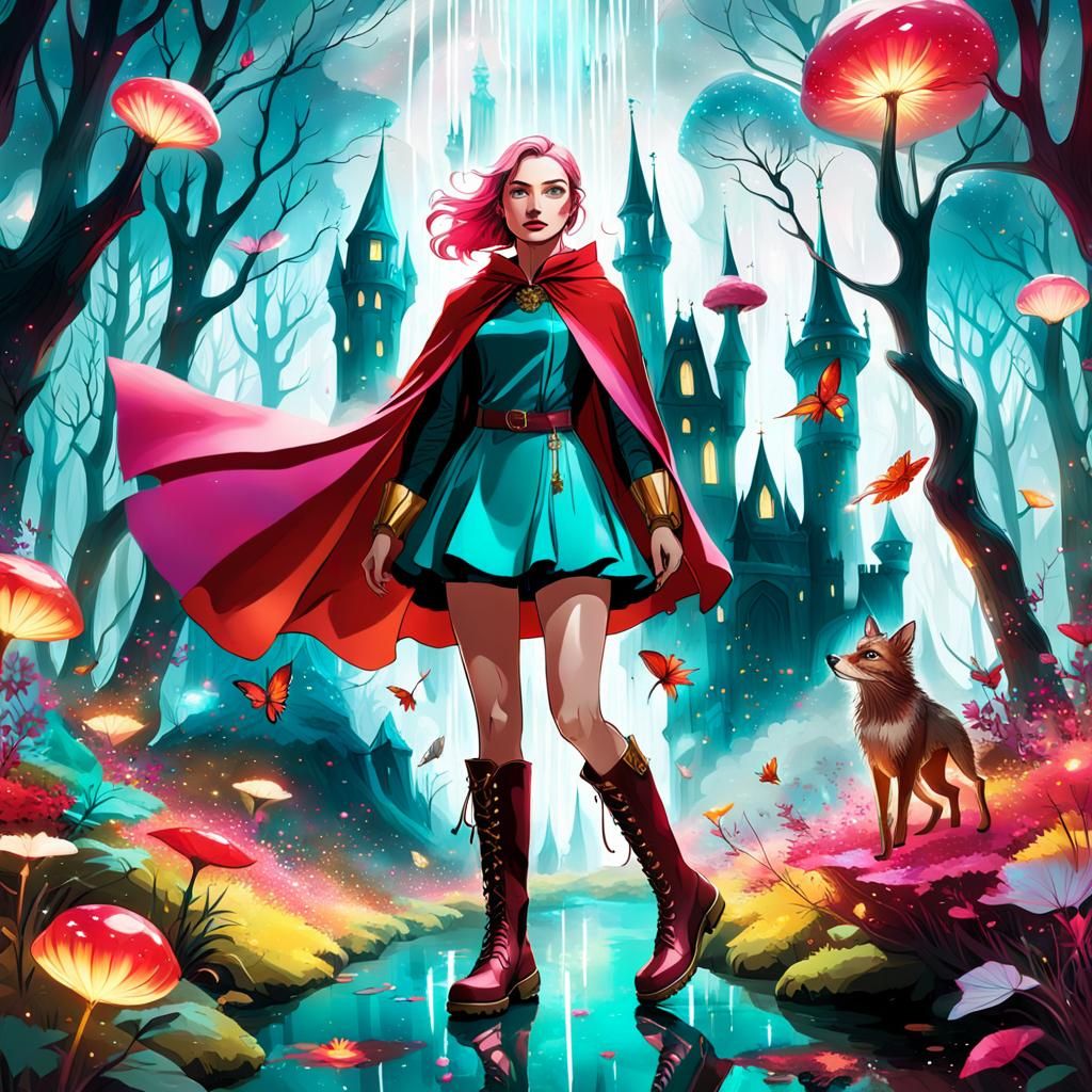 Surreal Whimsy Realm with Glowing Castle and Woodland Mischi...